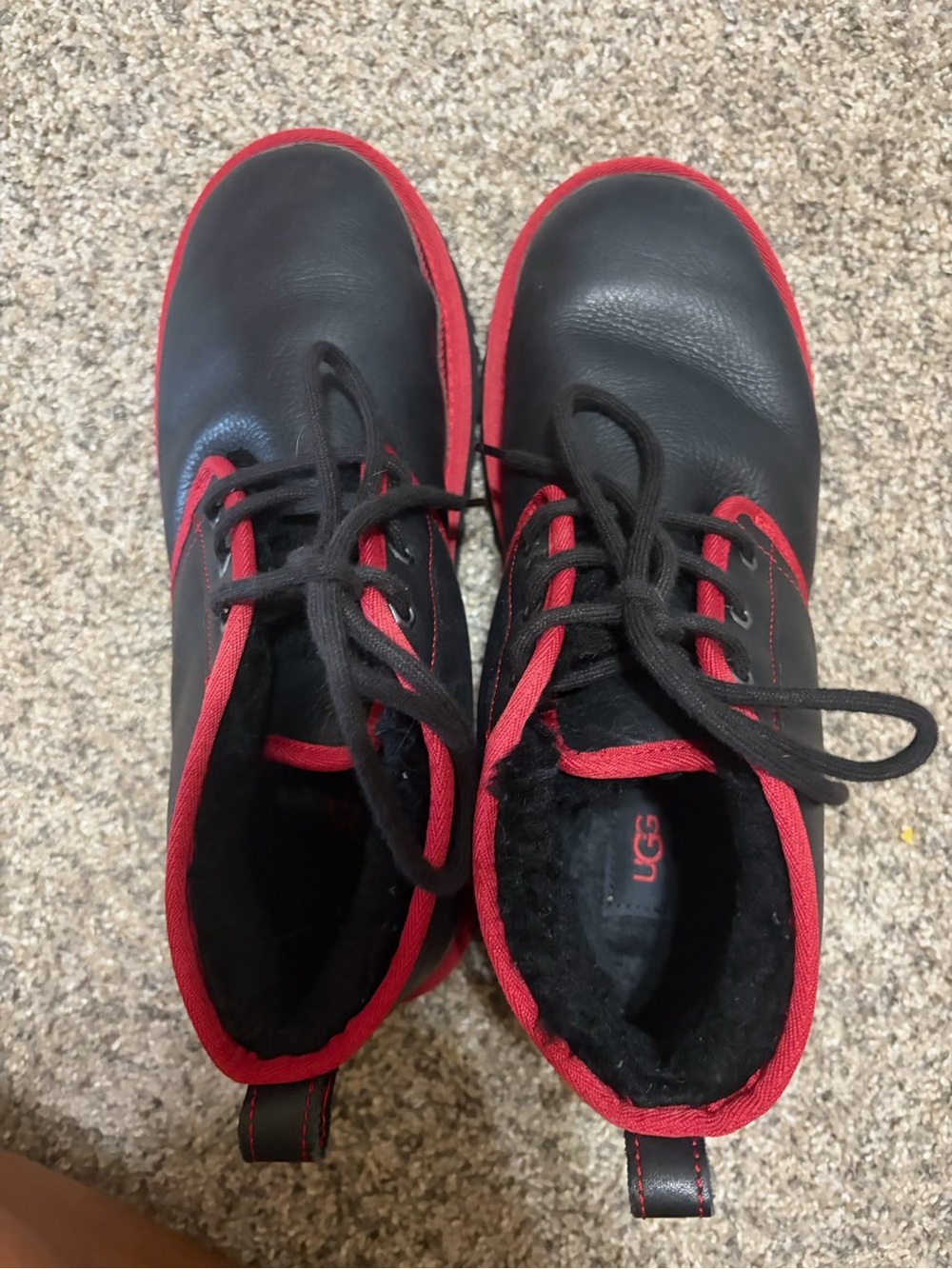 UGG Kids Black Boots with Red Trim